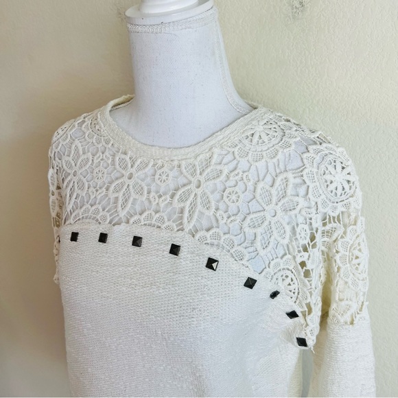 Zara Trafaluc Cream Knit Lace & Studded Long Sleeve Sweater Blouse - Picture 4 of 6